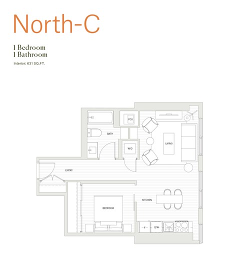 Floor plan for 1 bed, 1 bath, 631 sqft
